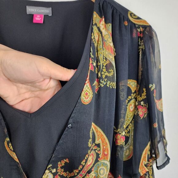 Vince Camuto Asymmetric Blouse Top Paisley Cinch Waist Lined Rich Black Size 2X - Picture 9 of 16